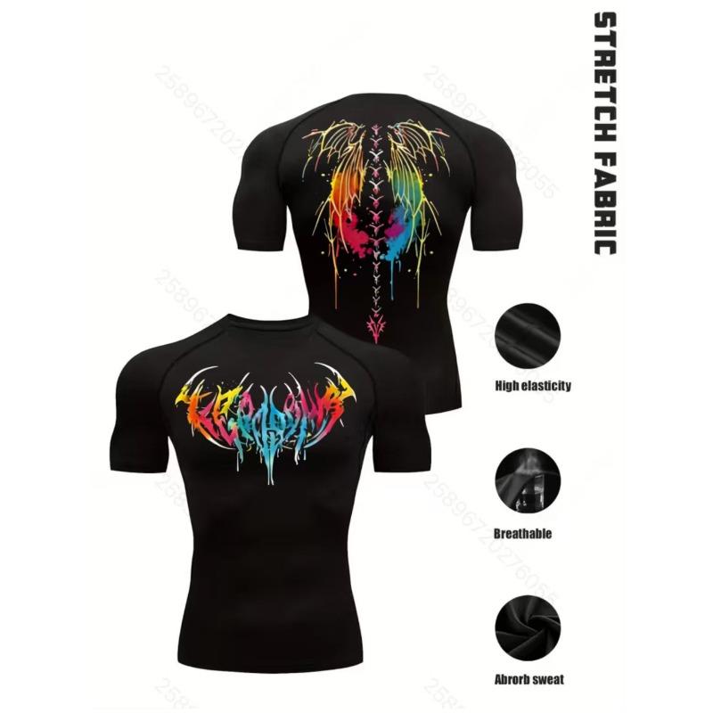 Mens Compression Short Sleeve T-Shirt Front And Back Print Neon Green Tribal Graphic Stretch Fabric High Elasticity Gym And MMA Athletic Top
