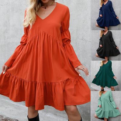 Women's Fashion Casual Solid Color Boho Loose Dress Ruffled Long Sleeve Mid Skirt