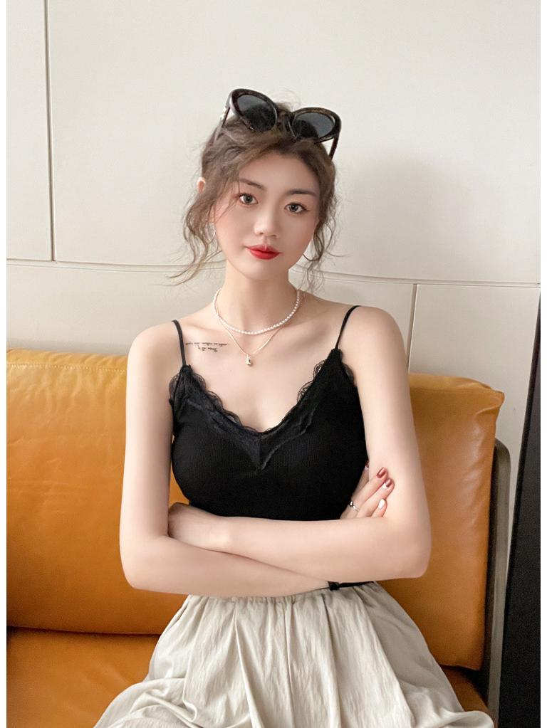 Korean Lace Camisole: Elegant Back Vest with Fixed Cup & Chest Pad