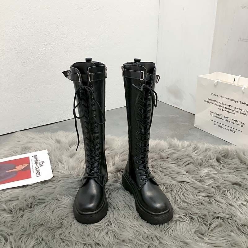 Fashion Women Knee High Boots 2024 Thicken Winter Square Heel Lace Up Platform Shoes Woman Knight Long Boots Black White Botas De Mujer