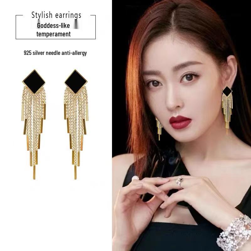 Exaggerated Square Long Tassel Earrings with 925 Silver Needle - Fashionable Luxury Statement for Socialites