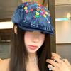 Literary and Retro Colored Buttons Contrasting Colors Denim Forward Hat Female Vintage Sense Personality Casual Versatile Sunshade Beret