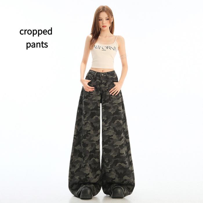 

High street workwear wide-leg denim camouflage pants for women 026 new high-waisted slimming loose straight pants XS