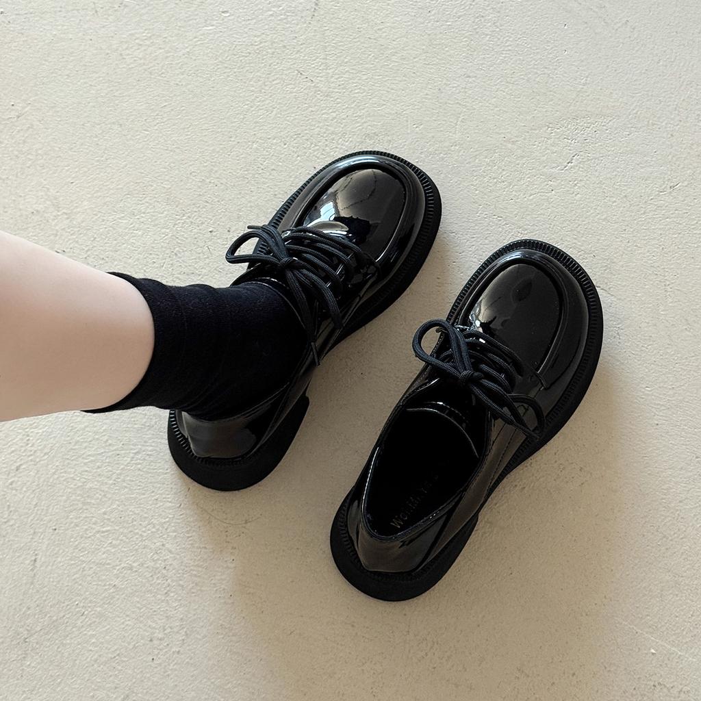 Height-increasing thick-soled lace-up small leather shoes 2025 spring new autumn and winter retro British style lazy one-pedal loafers