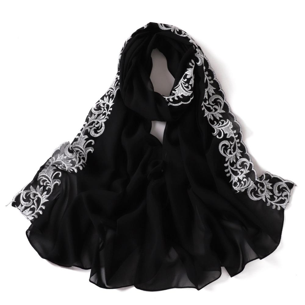 

Elegant Chiffon Scarf Vine Embroidery Long Headscarf Shawl Breathable Embroidered Edging Sunscreen Shawl Women Headwear чёрный