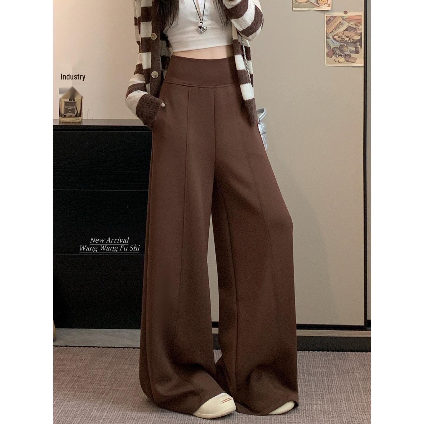 

2025 Брюки оверсайз с высокой талией, драпированные, коричневые - Женские прямые, широкие, свободного кроя для осени L коричневый