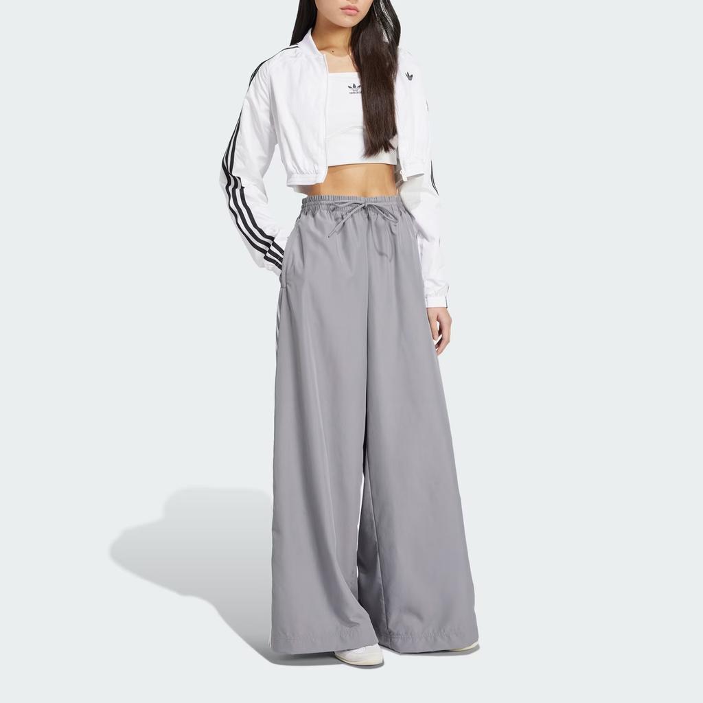 Adidas Originals Striped Logo Drawstring Loose Wide-Leg Knit Sports Pants Women bottoms Gray JD3389