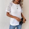 Women Solid Color Lace Long Sleeve Hollow Out Crew Neck Casual T-shirt Blouse Tops