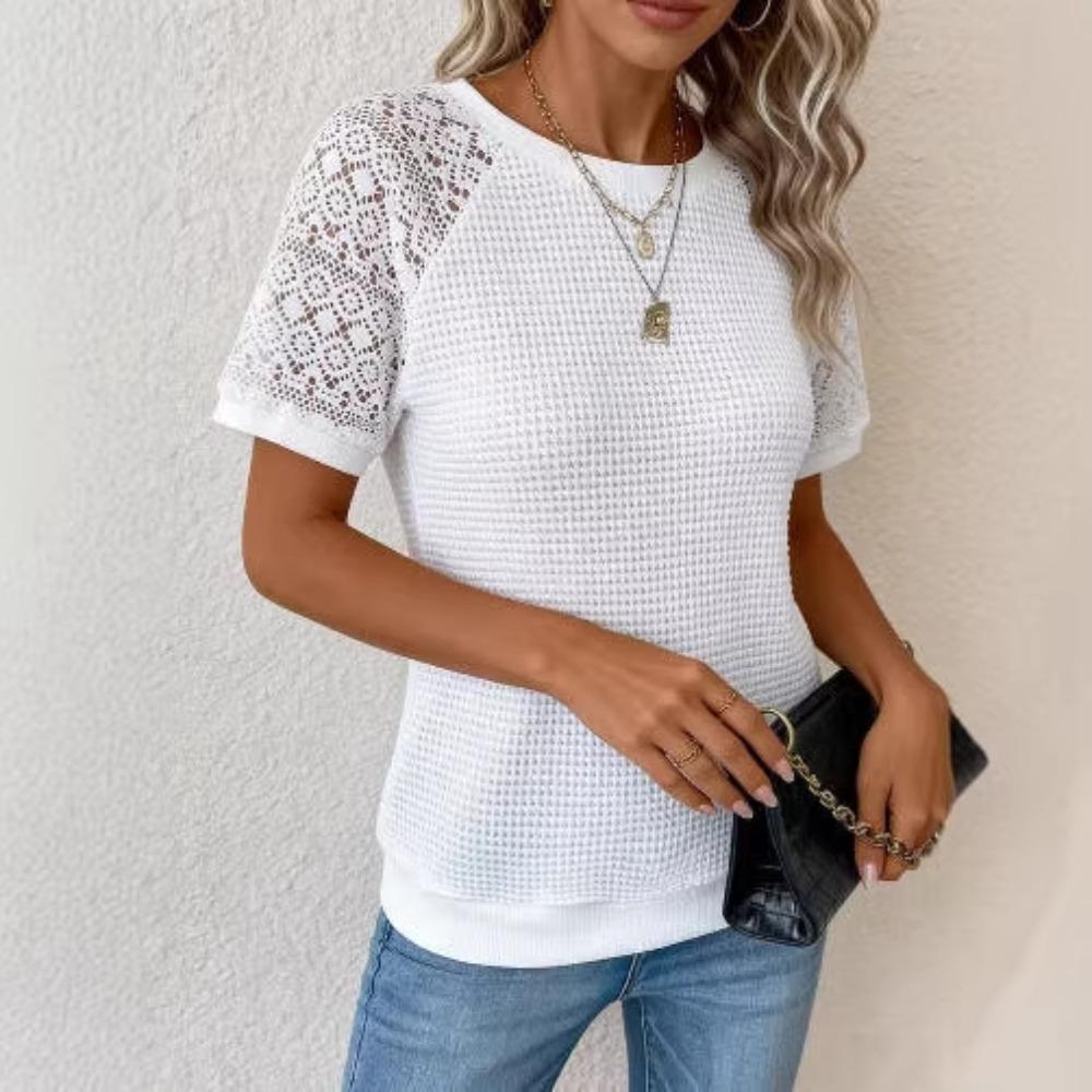 Women Solid Color Lace Long Sleeve Hollow Out Crew Neck Casual T-shirt Blouse Tops