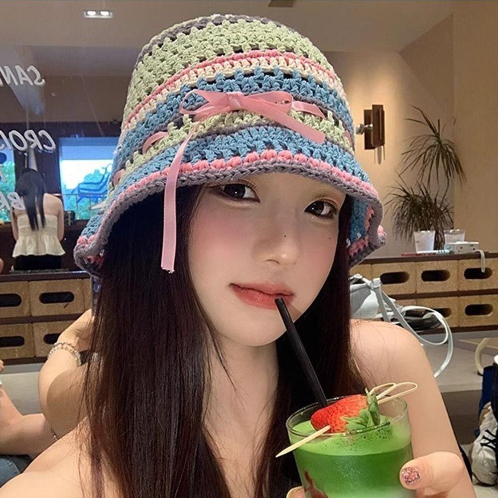 Handmade Knitted Bucket Hats Bow Ribbon Weave Hats Ins Hollow Basin Cap  Streetwear