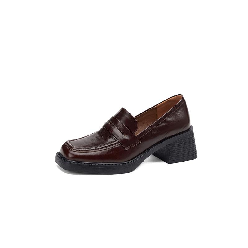 Fashion New Spring/autumn Genuine Leather Women Shoes Square Toe Loafers Shoes for Women Fashion Retro Chunky High Heels Women Pumps