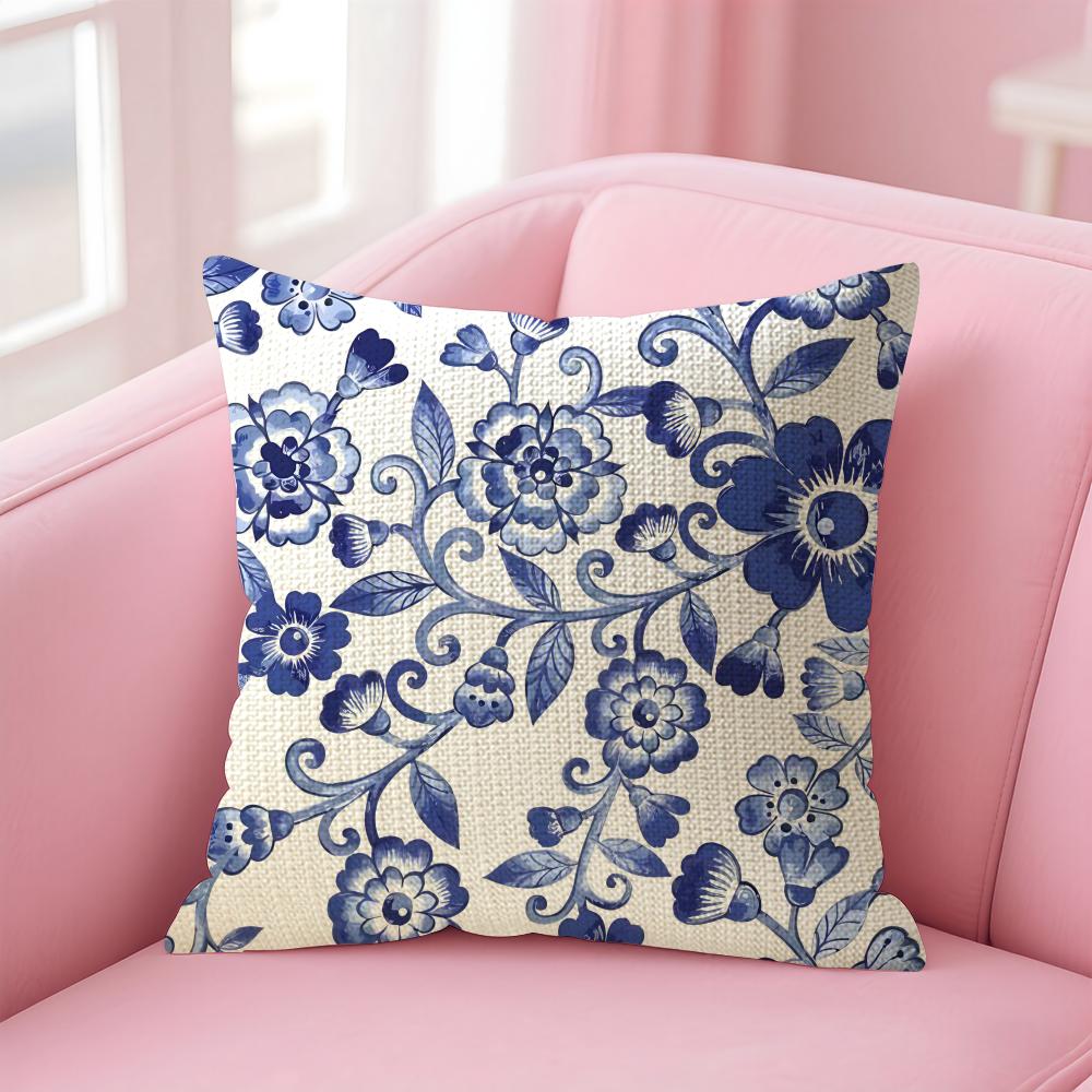 Blue Pattern Hot Cushion Cover Natural Linen Pillow Case DoubleSided Print Decorative Sofa Pillowcase Home Decor Gift