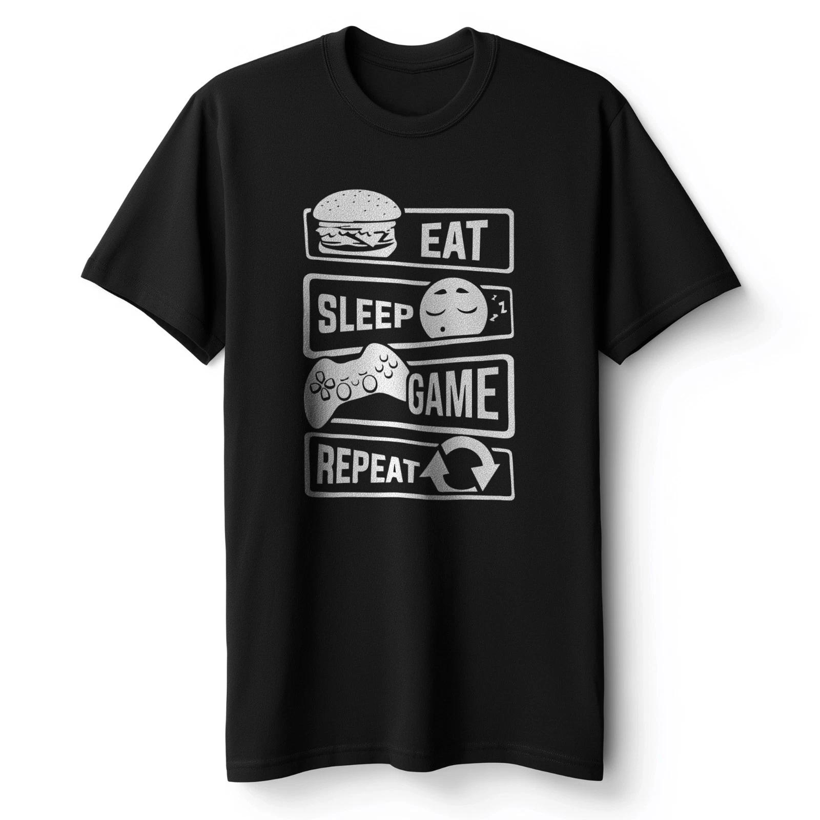 Eat Sleep Game Repeat Men s T-Shirt Black Cotton Gaming Tee L