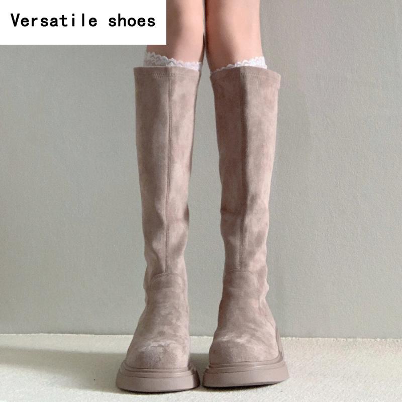 Herbst Winter Damen Stretch Kniehohe Stiefel Mode Slip On Vintage Eckige Absätze Damen Prägnante Lange Damenstiefel