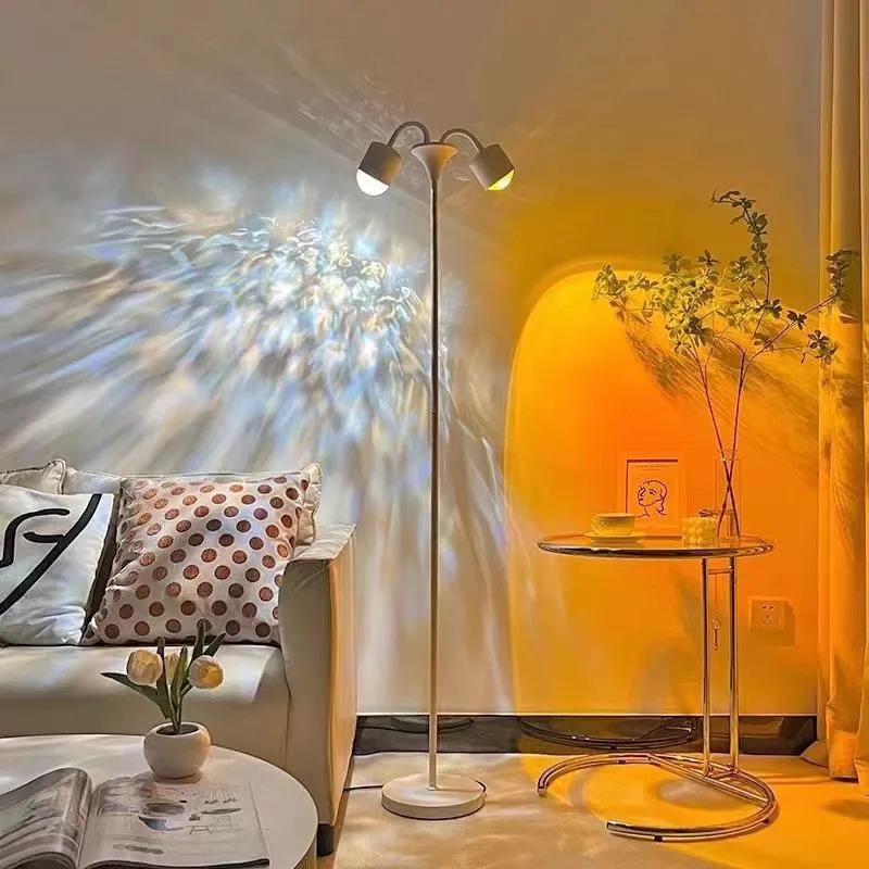 High-End Double-Head Sunset Floor Lamp: Water Ripple Iron Design for Living Room Atmosphere