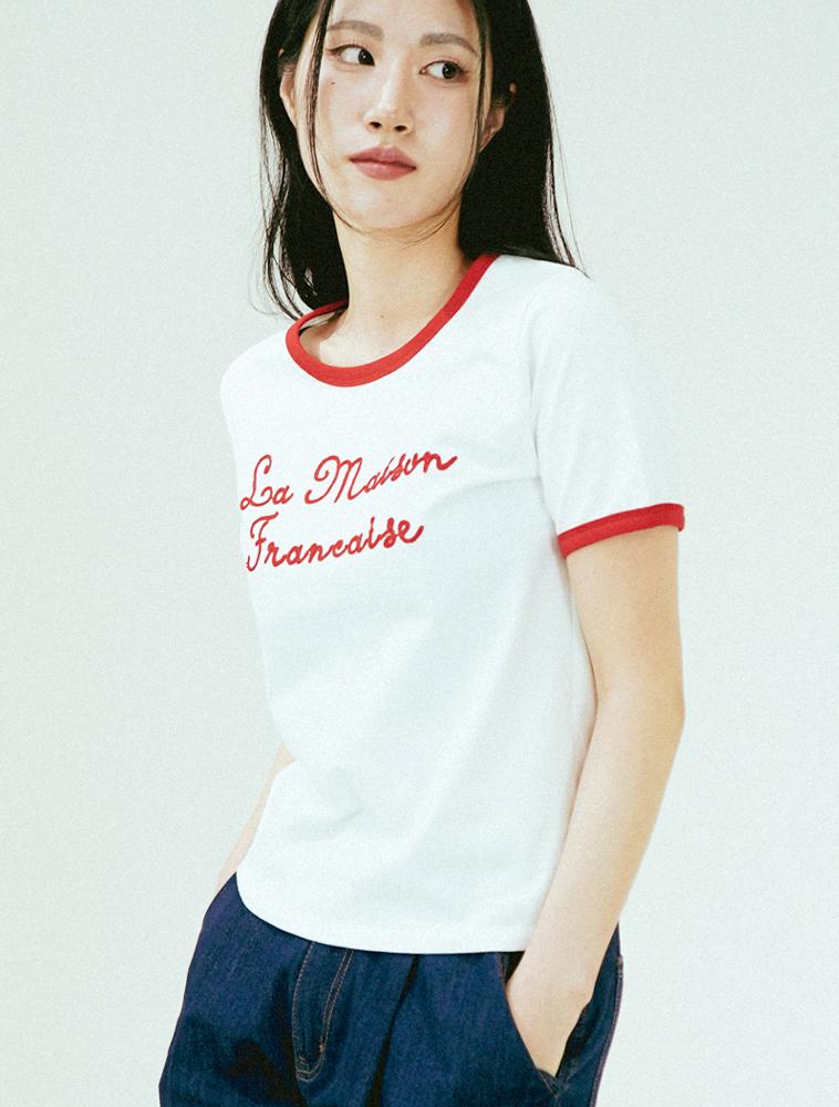 LA MAISON STUDIO Damen Maison Kette Logo Single Jersey Ringer Kurzarm T-Shirt Weiß/Rot (Fcf2Ts534W)