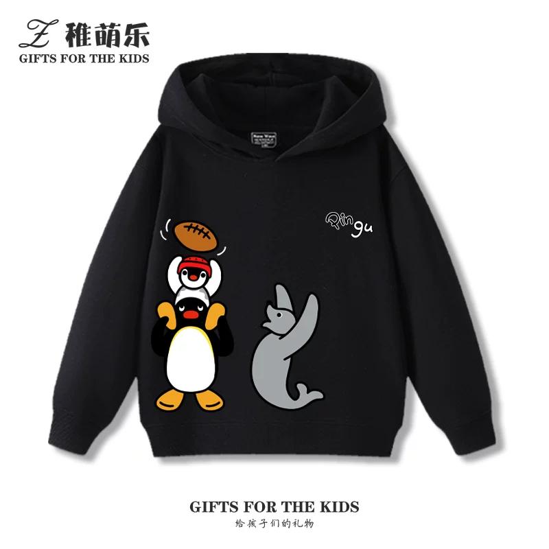 Kids' Fleece-Lined Hooded Sweatshirt with Fun Cartoon Penguin Print – Warm Pullover for Boys and Girls (Autumn/Winter)
