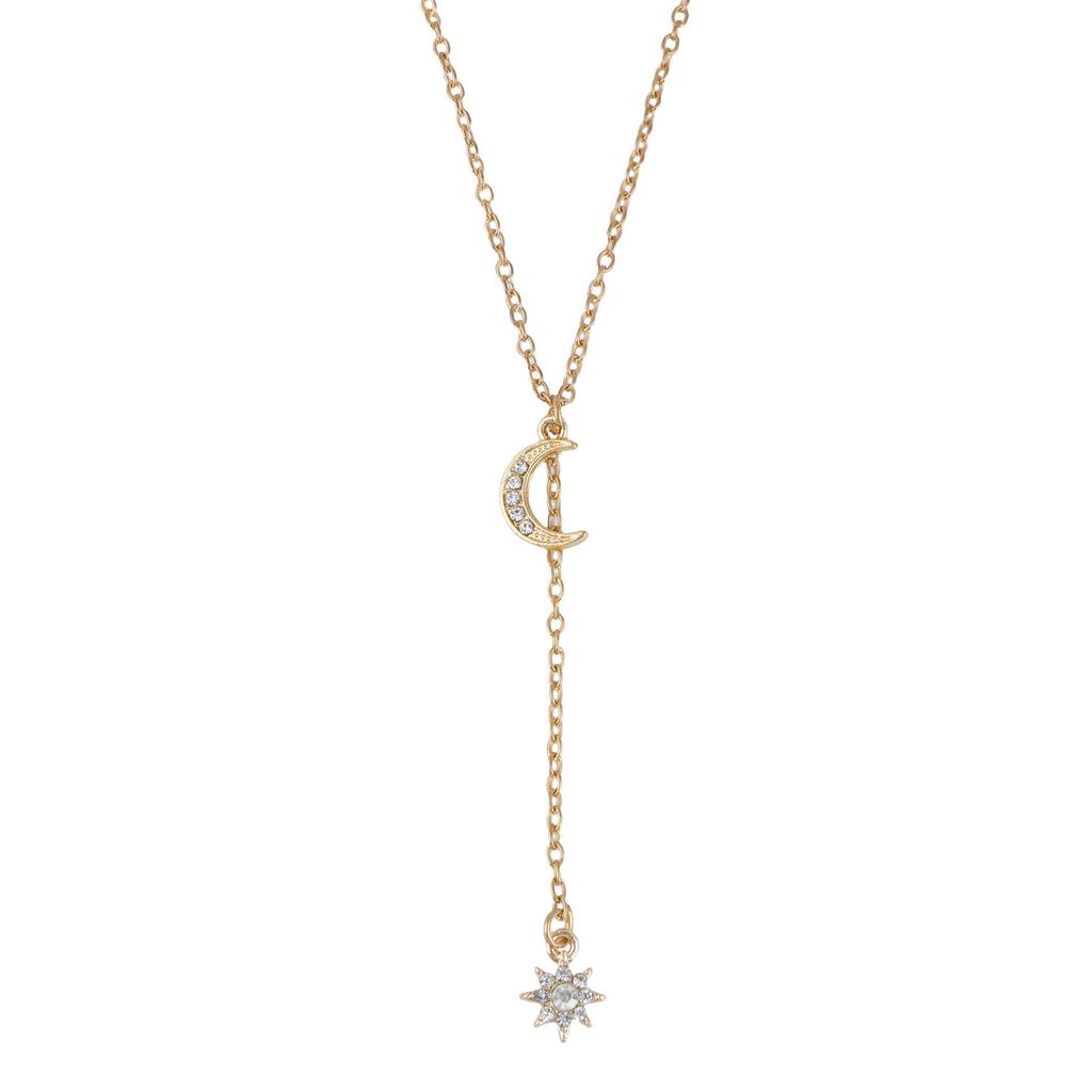 European Baroque Moon & Star Pendant Necklace - Simple Alloy Collarbone Chain Jewelry