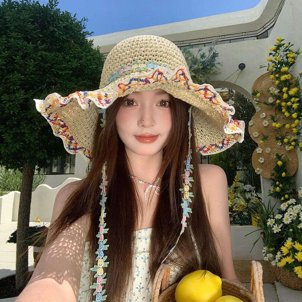 Ethnic style big brim straw hat women's summer seaside vacation beach hat sunshade sunscreen bucket hat straw sun hat