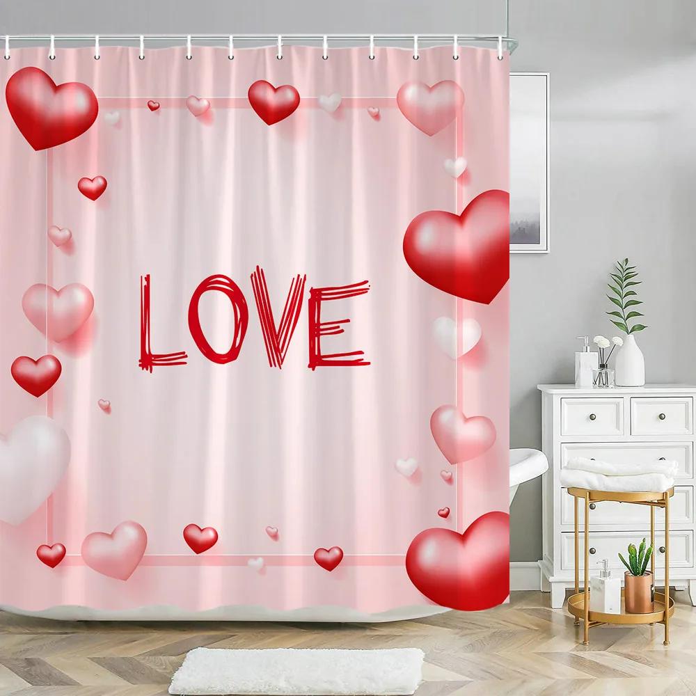 Valentine's Day Shower Curtain Love Tree with Elf Truck Romantic Pink Swing Balloon Love Polyester Printed Fabric Bathroom Decor