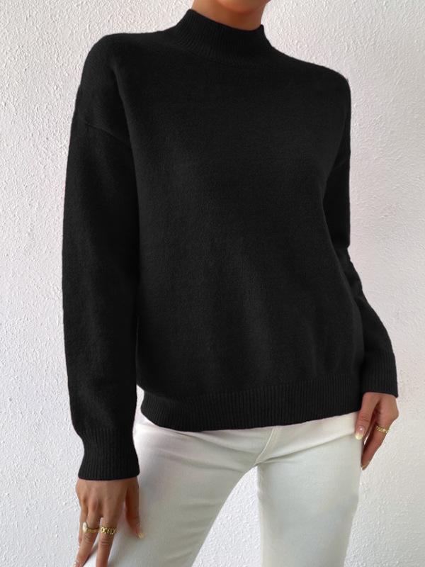 Women's Solid Color Loose Knit Sweater - Half-High Neck, Long Sleeve, Autumn/Winter Fashion.