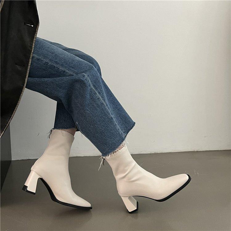 Dünne Stiefel mit hohen Absätzen Fee Fee 2025 neu weiches Leder dickabsatz Zigarettenstiefel modisch vielseitig Chelsea Kurzstiefel