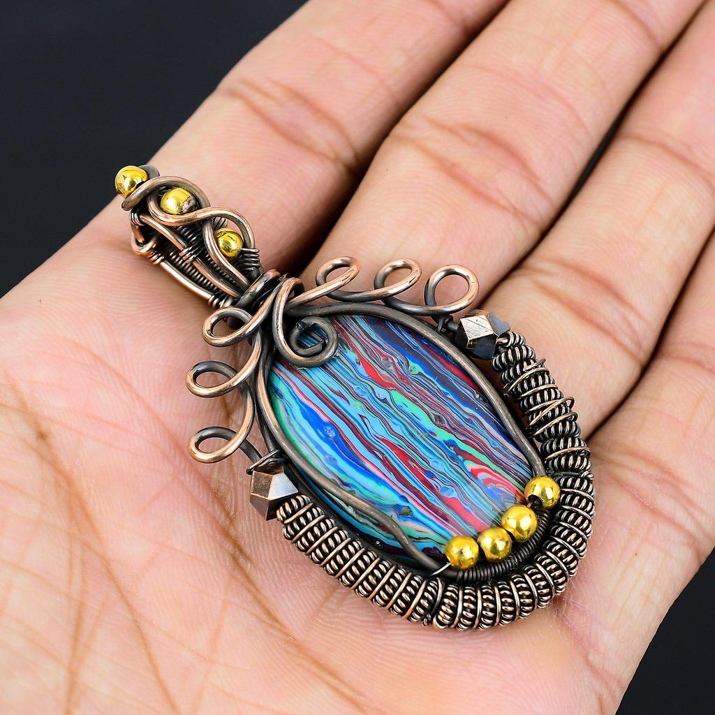 Rainbow Calcilica Gemstone Pure Copper Wire Wrapped Handmade Pendant Jewelry