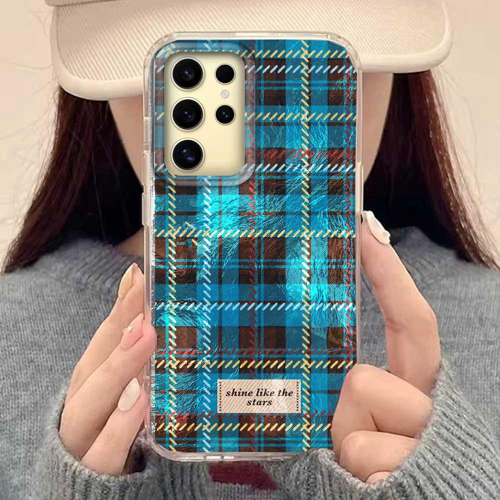 Winter Brown Lattice Grid Pattern Women Gilrs Phone Case for Samsung Galaxy S25 S24 S23 S22 S21 S20 FE Plus Ultra Shell Cover