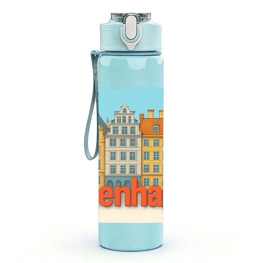 1PC Copenhagen City Building Print 750ml Color Plastic Sports Water Bottle Leakproof Flip Straw Lid Suitable for Sports Office Home Use