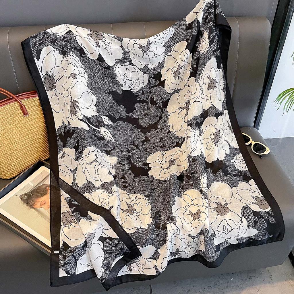 Women Cotton Linen Rose Print Scarf Shawl Hijab Muslim Long Headscarf Scarves Head Wraps Long Female Head Scarf