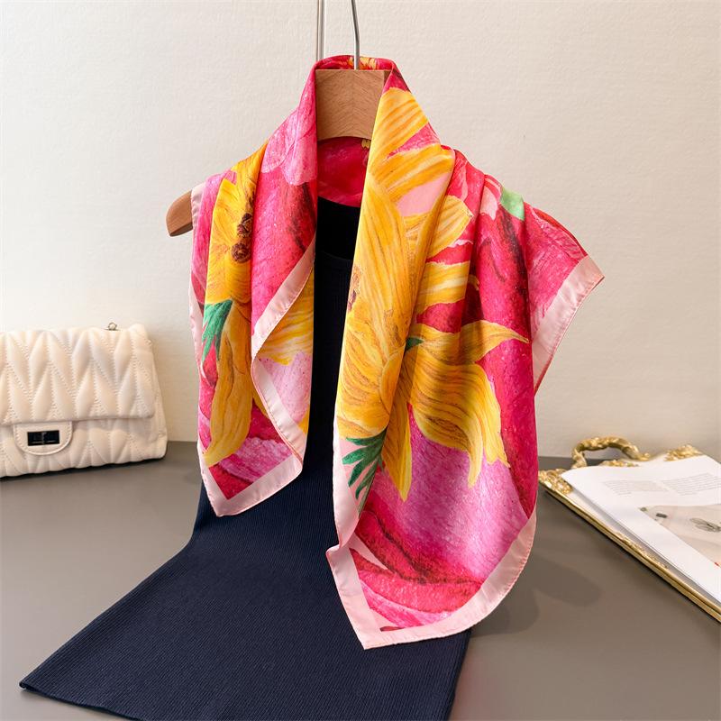 New Floral Print Square Silk Scarf For Women Headscarves Summer Foulard Bandana Hijab Headscarf Neck Tie Soft Neckerchief