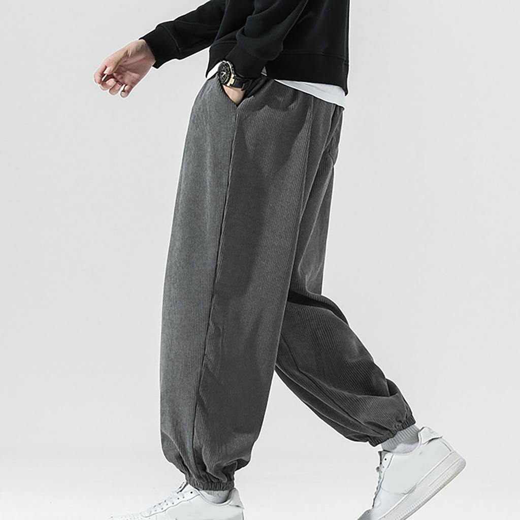 Men's Casual Corduroy Loose Fit Jogger Pants Elastic Waistband Drawstring Closure Harem Style Trousers with Ankle Cuffs for Everyday Wear