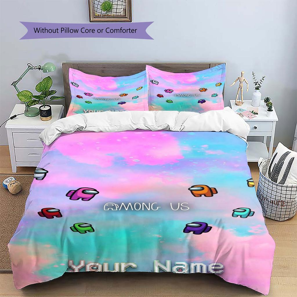 Among Us Custom Name Pattern Bedding,Quilt Set Quilt Cover Pillowcase Home Birthday Gift(1 * Duvet Cover + 2 * Pillowcase, Without Core)