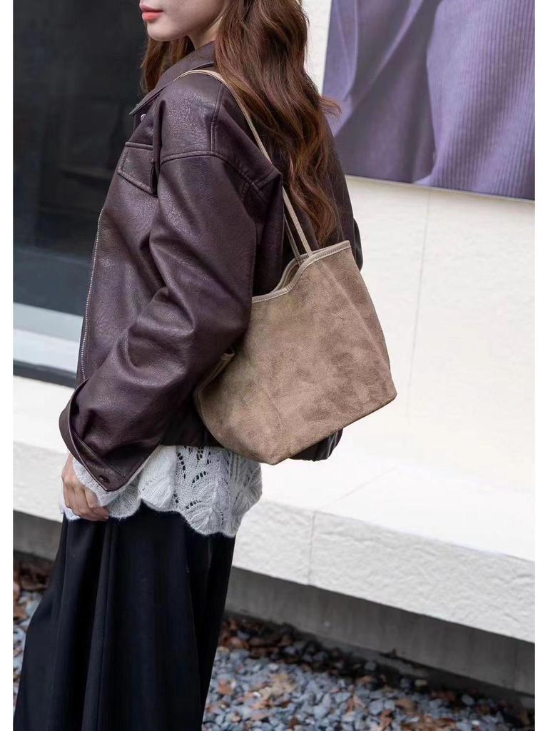 2025 Autumn/Winter Women's Genuine Leather Suede Tote - Large Capacity Bucket Bag