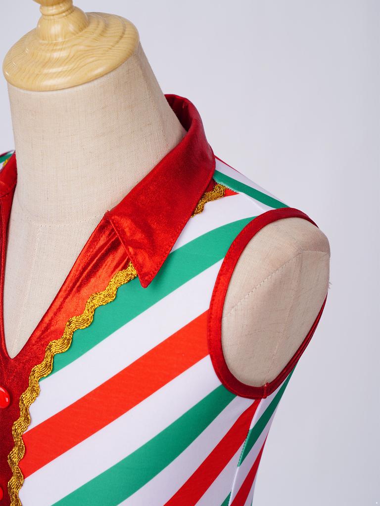 Kids Girls Christmas Costume Tulle Tutu Dress Candy Stripe Sleeveless Metallic Collar for Stage Performance Theme Party Holiday
