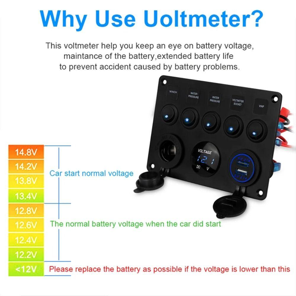 Dual USB Socket 5 Gang Switch Panel Red/Green/Blue Lights LED Voltmeter Power Outlet  Boat