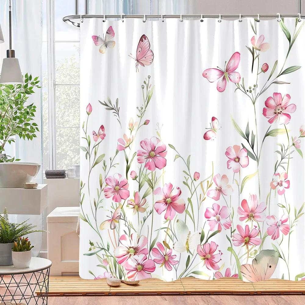 Beautiful Watercolour Botanical Floral Shower Curtain Pink Blue Floral Home Polyester Shower Curtains Bathroom Decor with Hooks