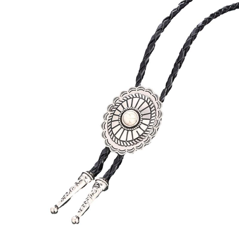 Mens Bolo Tie Necktie Vintage Leather Braided Rope Necklace with Metal Wolf Head Stone Pendant Jewelry Cowboy Necktie