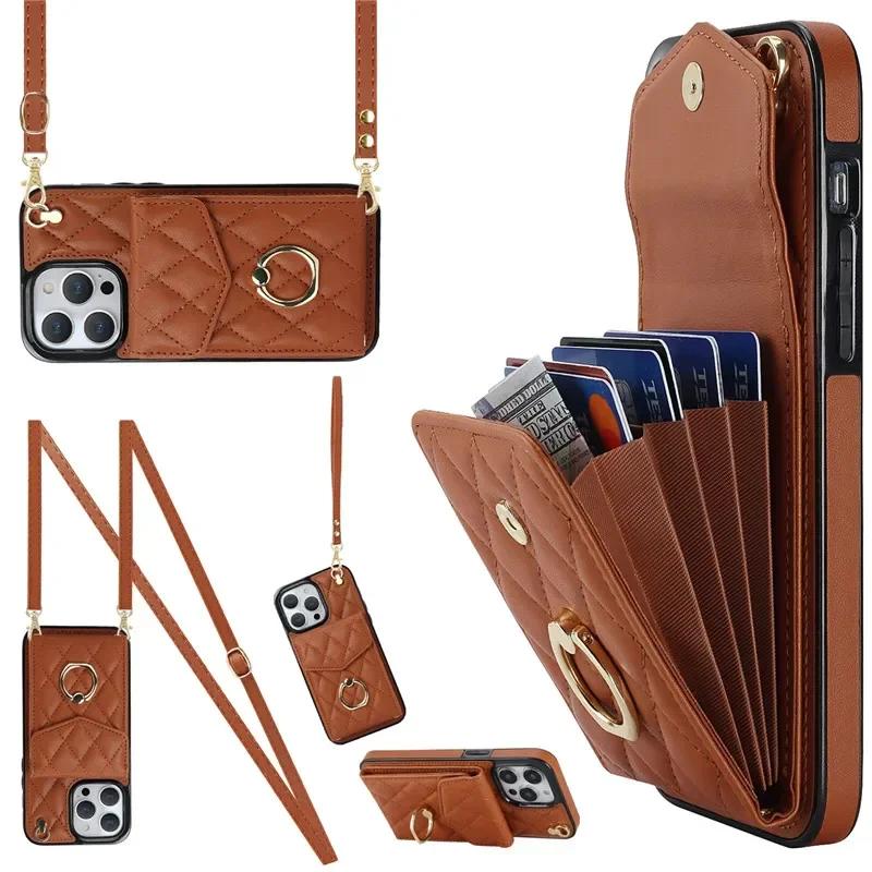 Crossbody Lanyard Leather Wallet Card Phone Case for iPhone 17 Air 16E 16 15 Pro Max 14 Plus 13 12 11 X XS XR Ring Flip Cover