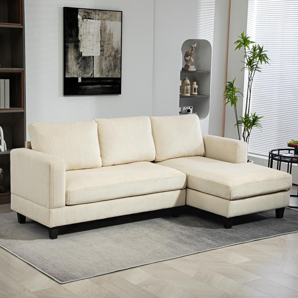 Chaise Longue Sofa 3-Seater L-Shaped Upholstered in Corduroy Padded Seat and Backrest 214x134x87 cm Beige