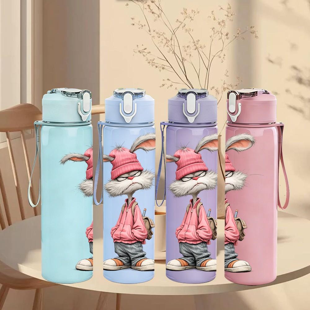 1PC Pink Bunny Rabbit Rag Doll Print 750ml Color Plastic Sports Water Bottle Leakproof Flip Straw Lid Suitable for Sports Office Home Use