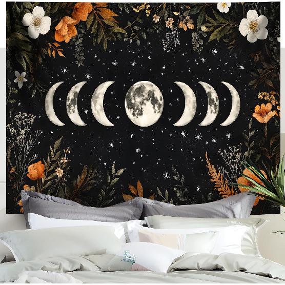 BVBOX Moon Garden Tapestry 59"x51", Black Celestial Floral Bohemian Moon Butterfly Tapestries, Dark Botanical Tapestry Wall Hanging Room Decor For