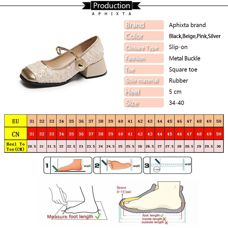 Aphixta 2024 New 5cm Med Heels Mary Janes Square Toe Silk Upper Women Shoes Elegant Shallow Pumps Tacones Para Mujer