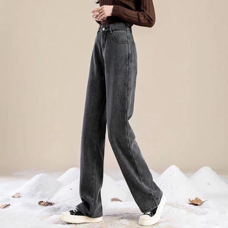 Women's Black & Gray High-Waist Velvet Wide-Leg Jeans - Thick, Warm, and Loose for Autumn & Winter