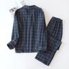New Men's Plaid Home Service Suit 100% Cotton Crepe Cloth Pajamas Long-sleeved Trousers Simple Two-color Plus Size Home Service