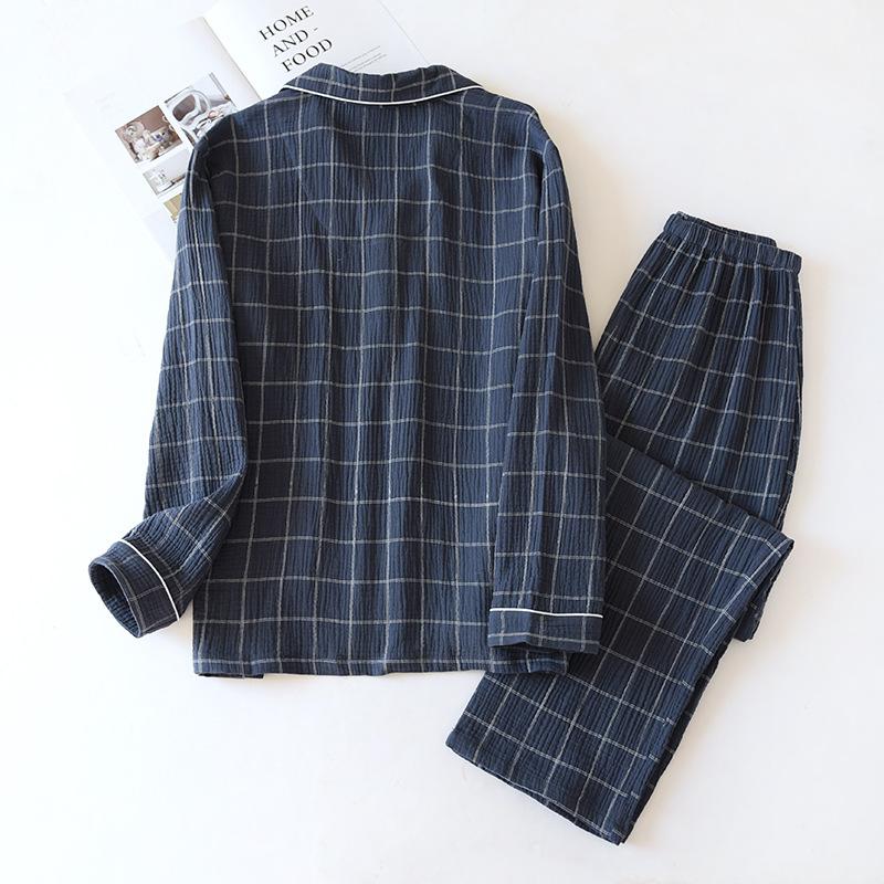 New Men's Plaid Home Service Suit 100% Cotton Crepe Cloth Pajamas Long-sleeved Trousers Simple Two-color Plus Size Home Service