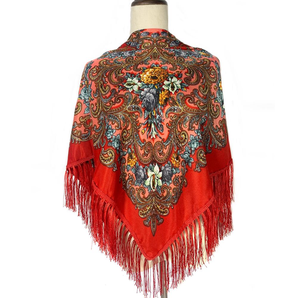 Retro Style Ukrainian Fringed Shawl Russian Floral Print Square Scarf Babushka Bandana Handkerchief Female Head Wraps