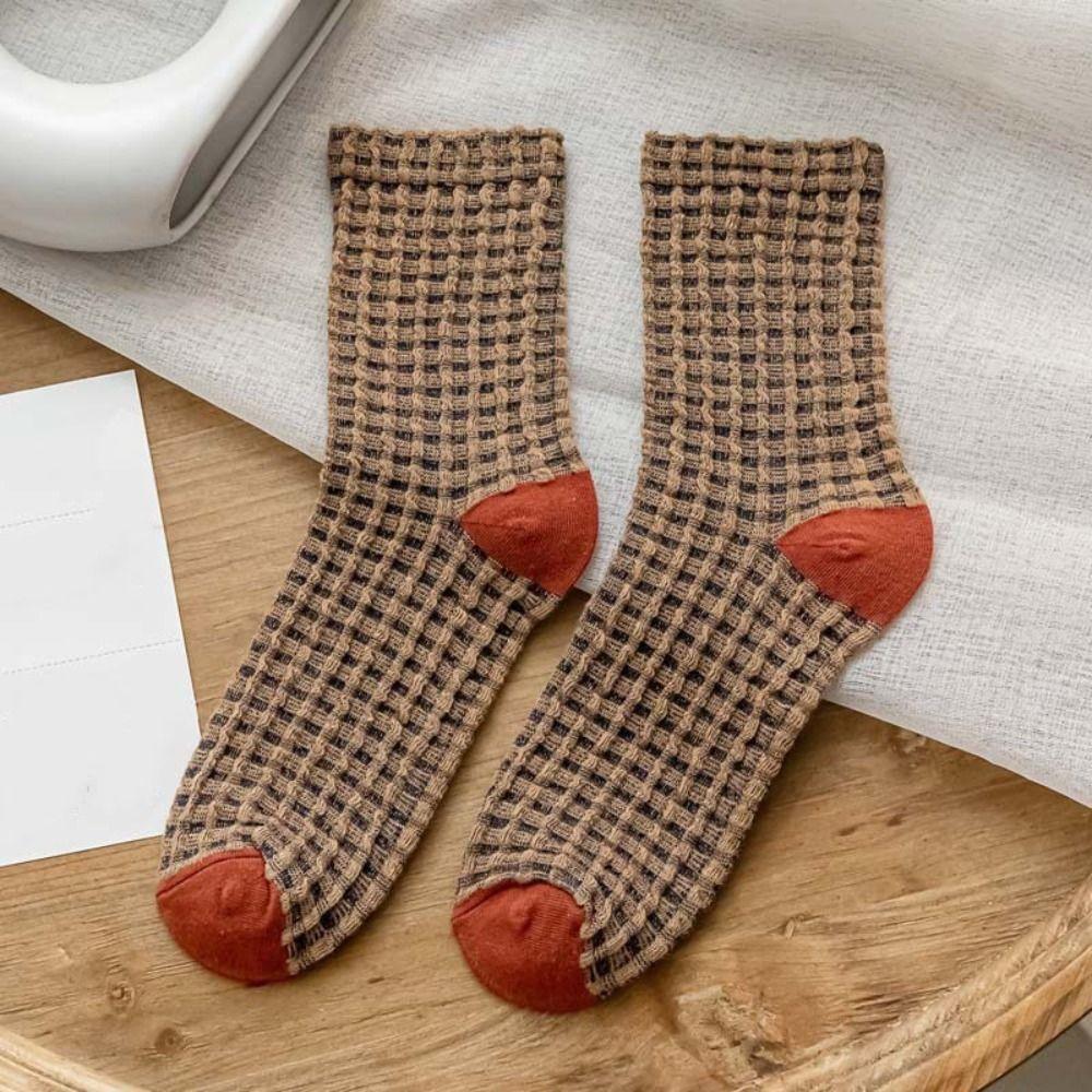 5Pairs Breathable Checkered Cotton Socks Patchwork Grids Socks Sweet Women Tube Sock  Slippers