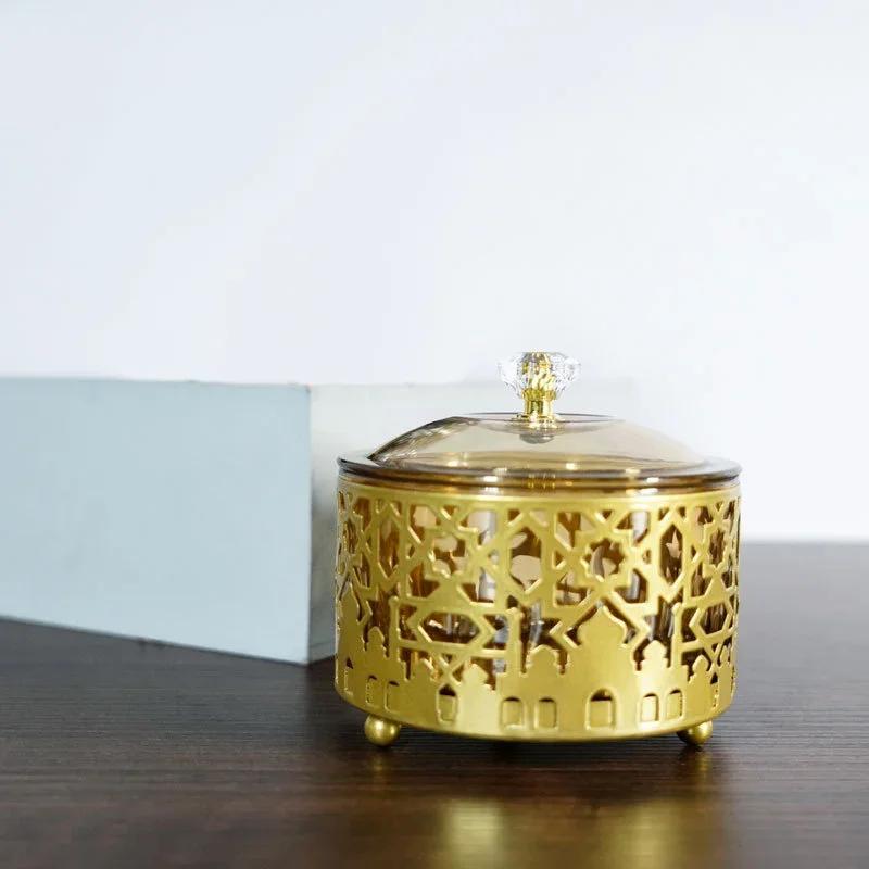 1Pcs Gold/Black Middle East Muslim Candy Fruit Tray Islamic Festival Metal Tea Tray Snack Dried Fruit Box Storage Box with Lid