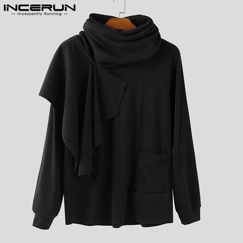 INCERUN Autumn Men High Cowl Neck Long Sleeve Ruffled Irregular Casual Tops T-shirts